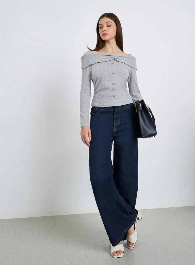 Styli Women Grey Long Sleeve Button Detail Top